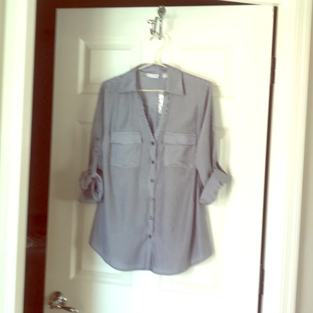 NY & Co blouse, gray/white striped-dress casual.